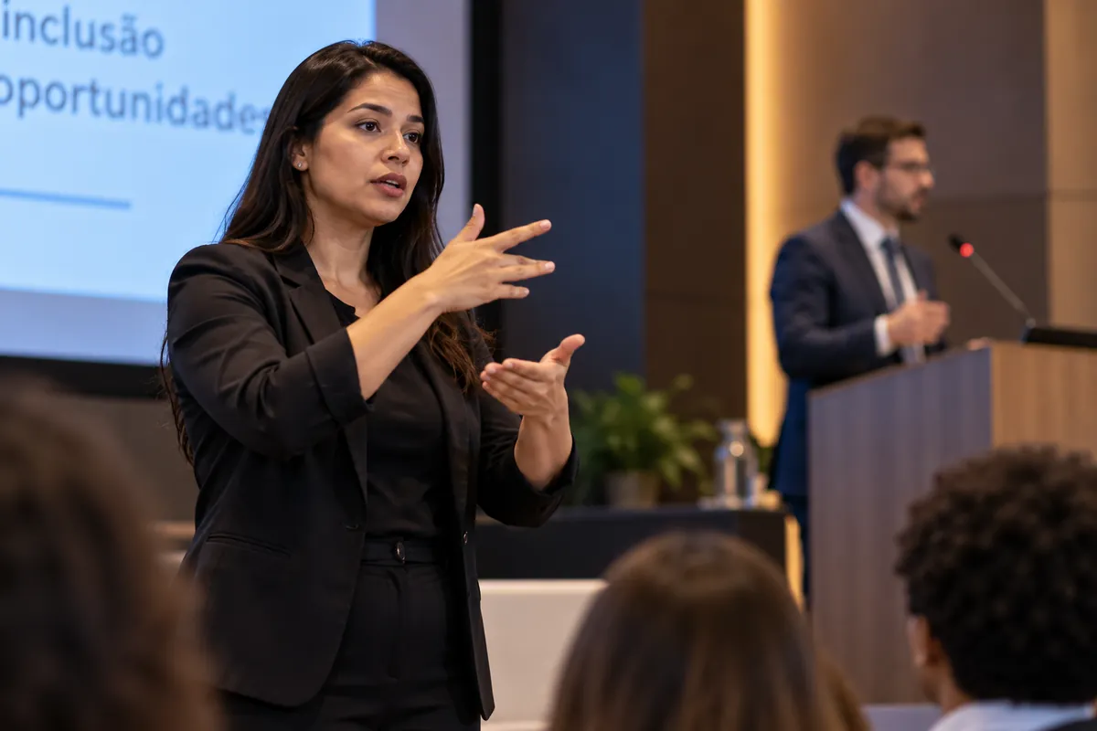 Profissional técnico em Tradução e Interpretação de Libras trabalhando
