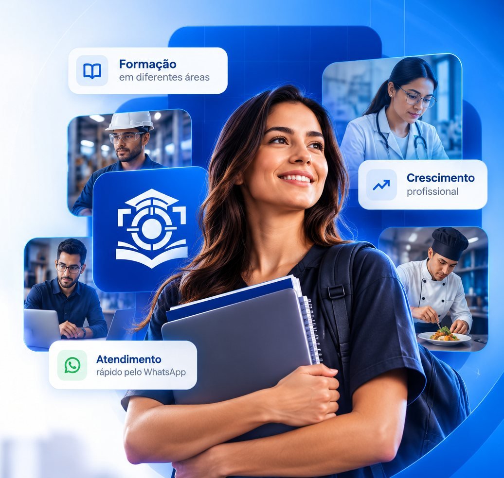 Estudante sorrindo segurando cadernos, cercada por profissionais de diferentes áreas e pelo logotipo do Instituto Infoco